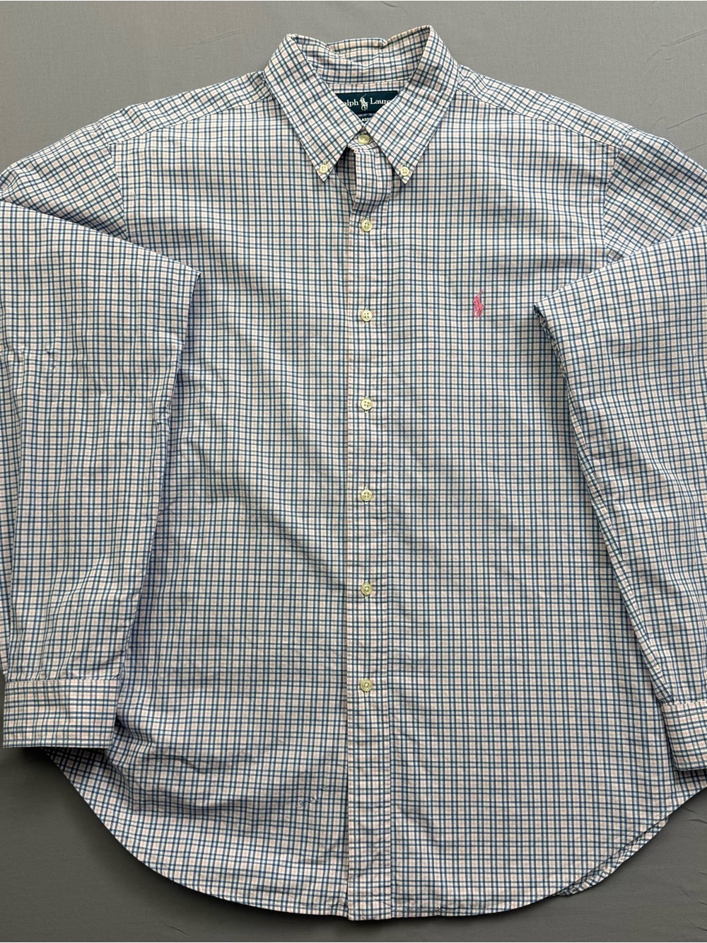 Ralph Lauren Pink and Blue Plaid Button Down Shirt with Pink Pony Size‎ XL